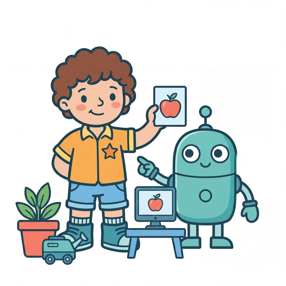 A child explorer and friendly robot investigating an apple, from Robots & Smart Machines.