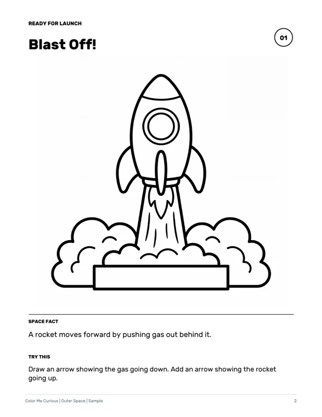 A complete sample activity page: a rocket to color, a short space fact, and an invitation to draw arrows showing gas moving down and the rocket moving up.