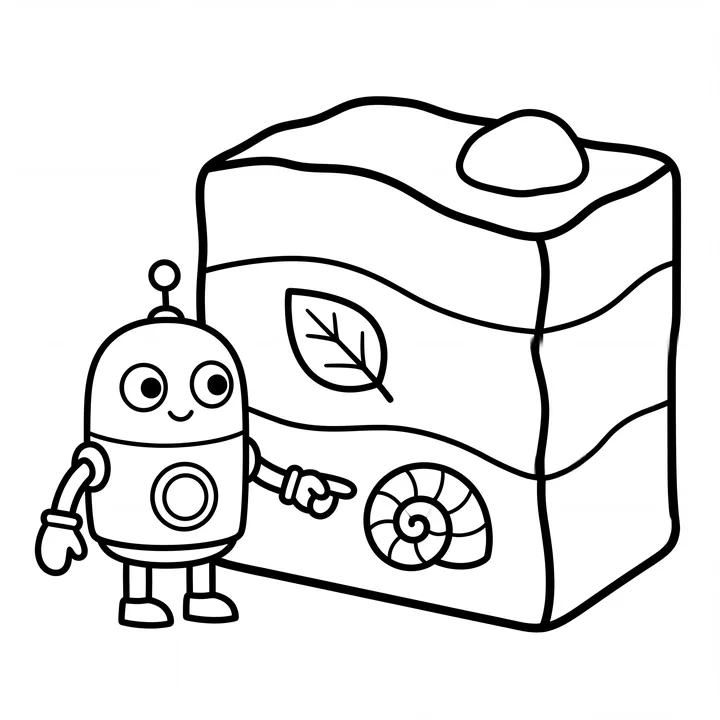 Black-and-white rock layers holding fossils, with a small robot guide.