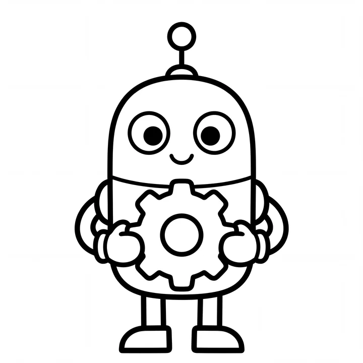 Black-and-white robot above a row of circles and squares.