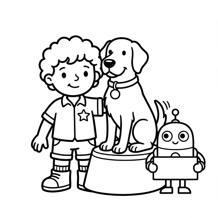 Black-and-white child beside a dog and a small robot.