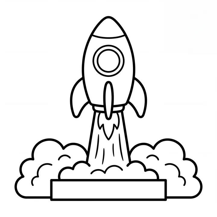 Black-and-white rocket lifting off above clouds.